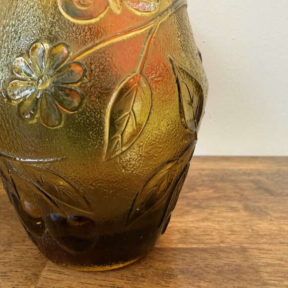 Vintage Amber Pressed Glass Vase – Bird Butterfly Floral Design 1970s Textured - Picture 6 of 6